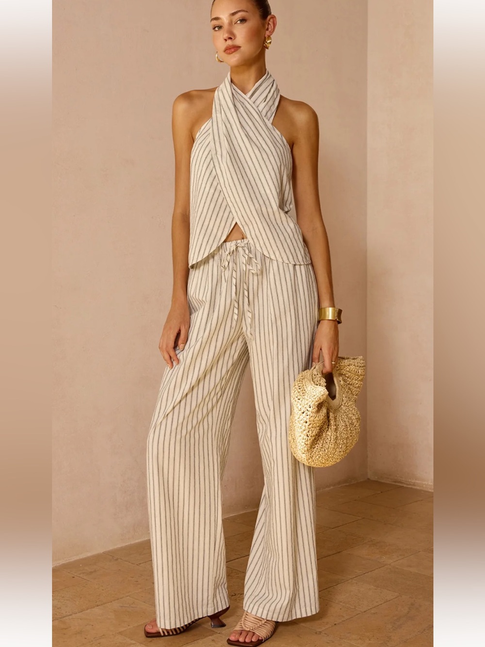 Commense Striped Cotton Linen Halter Top & Pants Set